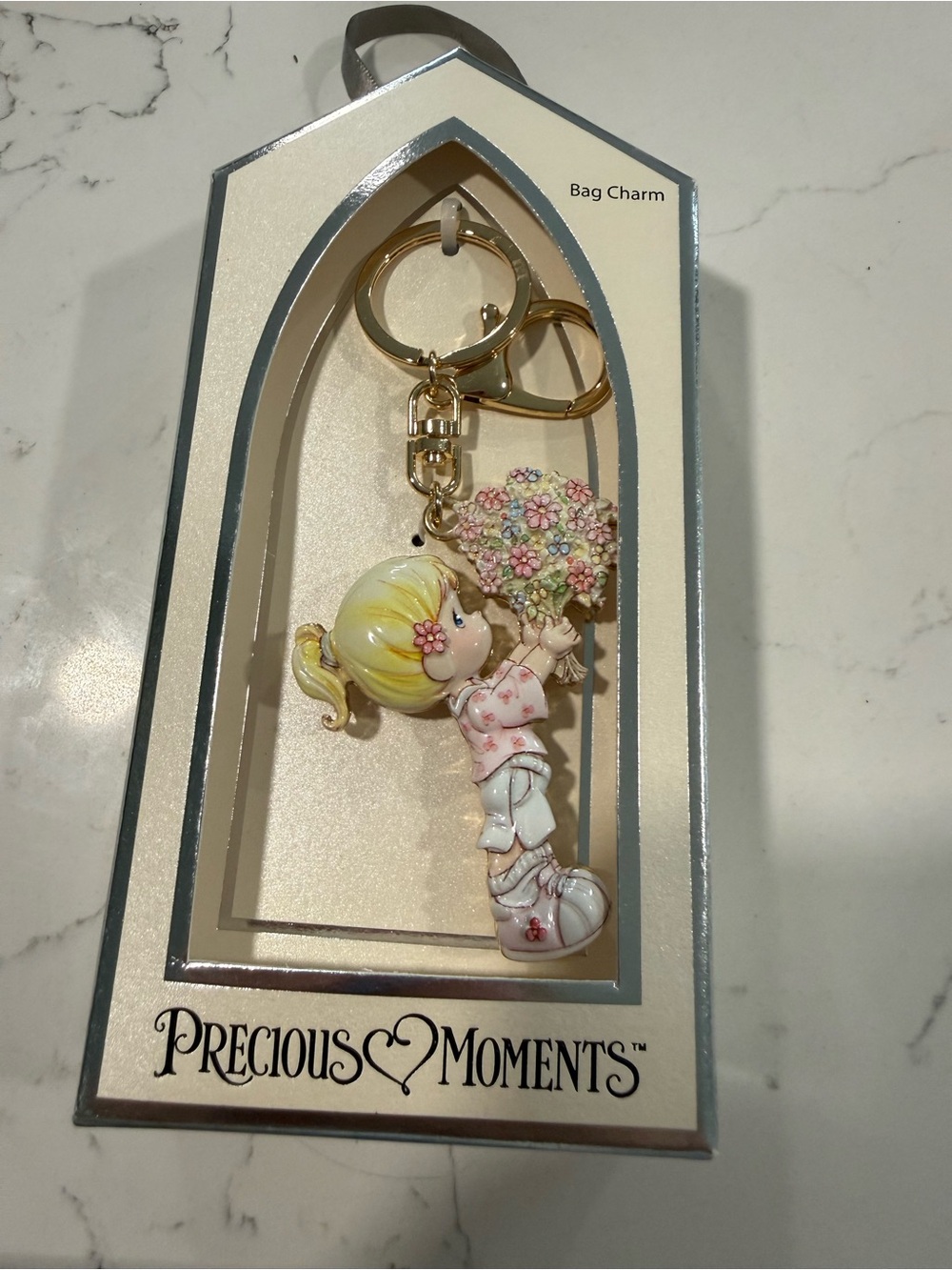 Precious Moments Blonde Girl Bouquet Keychain - Pink & Gold